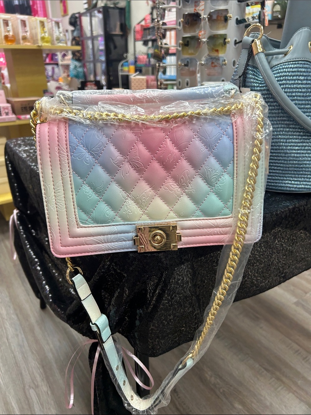 Pastel Quilted Shoulder Bag with Gold Chain